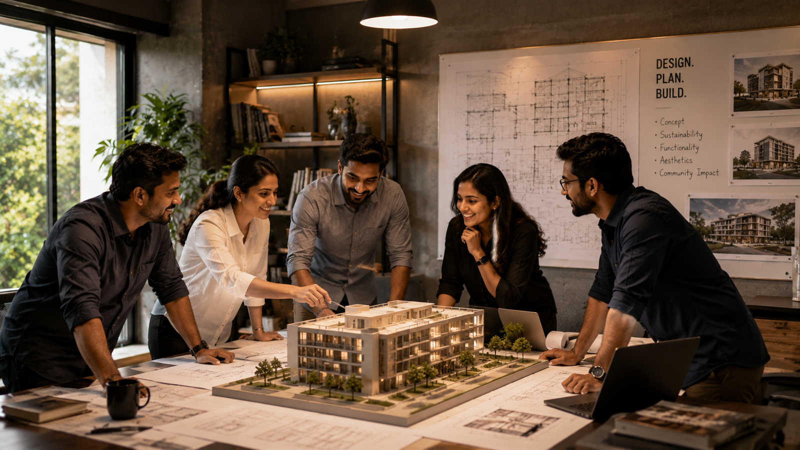The LID Group team reviewing an architectural scale model together